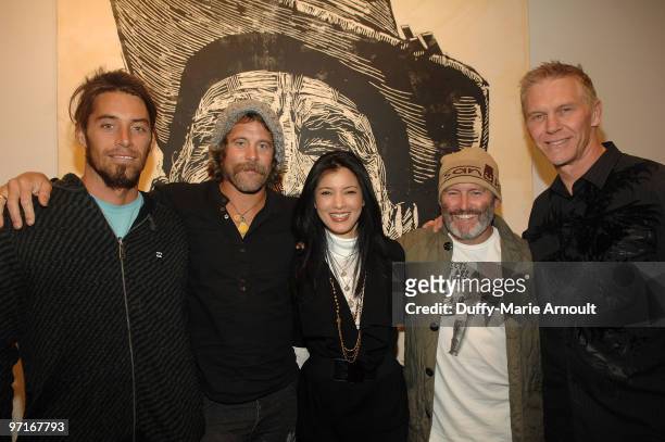 Surfer Dave Rastovich, Musician/surfer Donavon Frankenreiter, Actress Kelly Hu, Sanuk Founder Jeff Kelley and Artist Neil Shigley attend Sanuk...