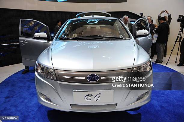 The Chinese BYD E6 electric car is displayed during the the second press preview day at the 2010 North American International Auto Show on January...