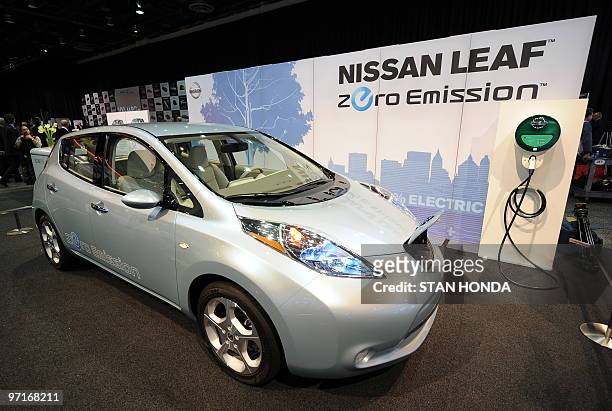 The Nissan Leaf prototype electric car on display during the the second press preview day at the 2010 North American International Auto Show on...