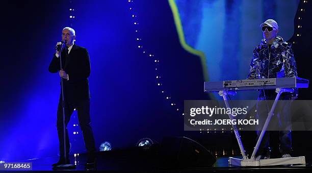 Neil Tennant , singer of he British pop band "Pet Shop Boys" and Keyboard player Chris Lowe perform on stage during the 187th edition of the TV show...