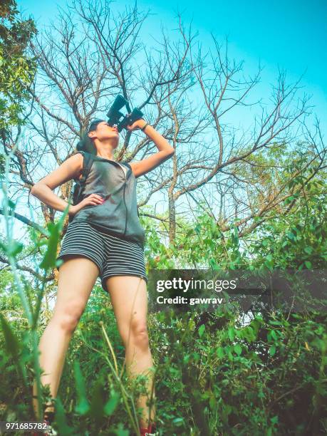 young woman using binoculars while hiking in mountain woods. - gawrav stock pictures, royalty-free photos & images
