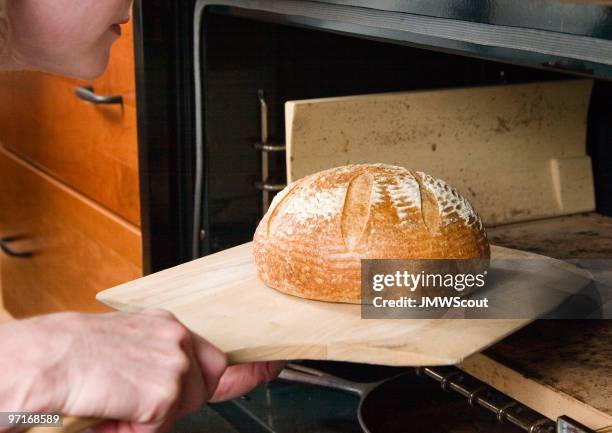 fresh bread out of the oven - zuur stockfoto's en -beelden