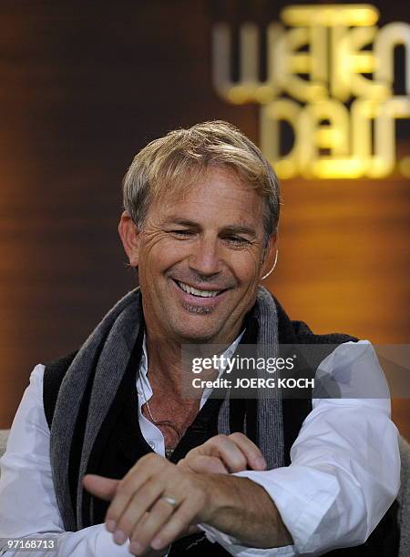 Actor and singer Kevin Costner gestures during the 187th edition of the TV show "Wetten, dass..?" on February 27, 2010 in Erfurt, central-eastern...