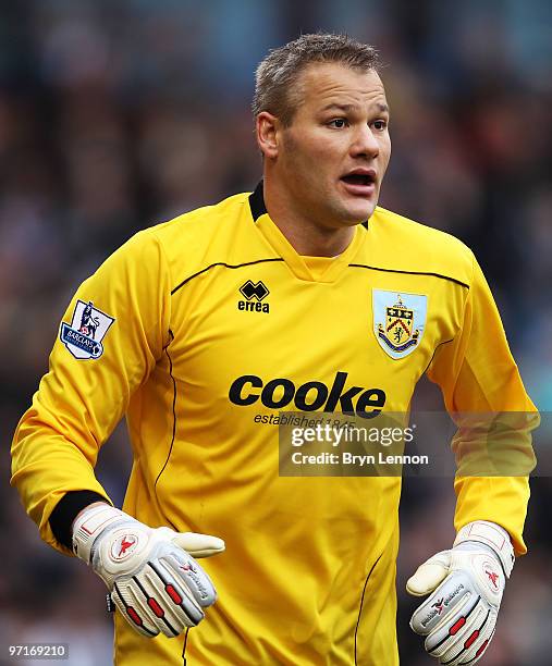 Burnley goalkeeper Brian Jenson in action during the Barclays Premier League match between Burnley and Portsmouth at Turf Moor on February 27, 2010...
