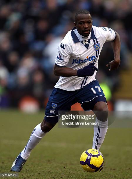 John Utaka of Portsmouth in action during the Barclays Premier League match between Burnley and Portsmouth at Turf Moor on February 27, 2010 in...