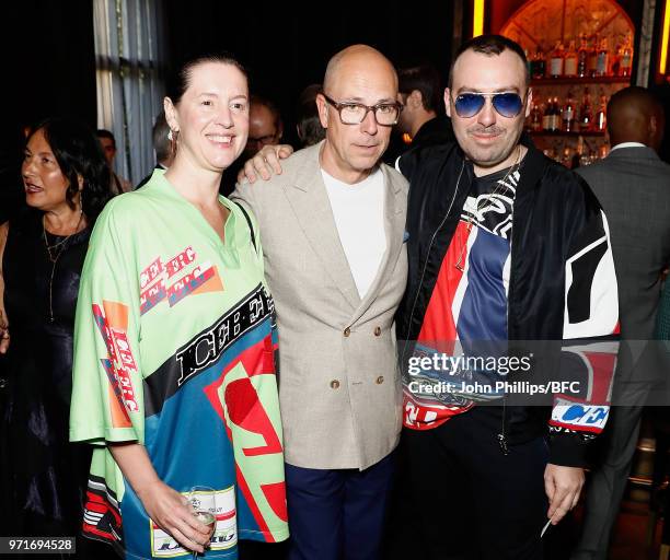 Cozette McCreery, Dylan Jones and James Long attend the GQ Dinner co-hosted by Loyle Carner during London Fashion Week Men's June 2018 at the The...
