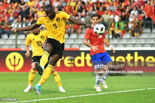 Belgium's forward Romelu Lukaku shoots and scores a goal during the international friendly football match between Belgium and Costa Rica at the King...