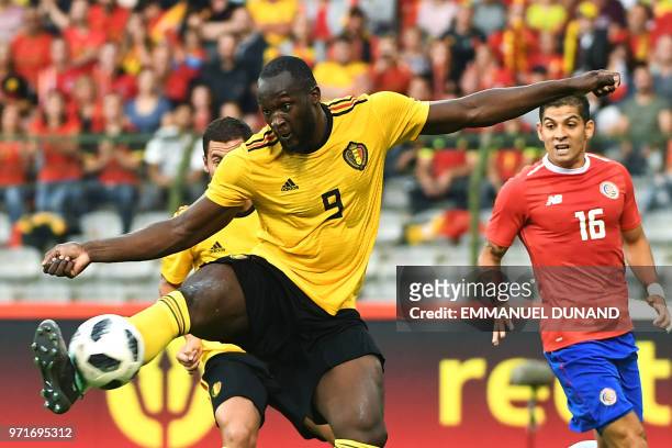 Belgium's forward Romelu Lukaku shoots and scores a goal during the international friendly football match between Belgium and Costa Rica at the King...