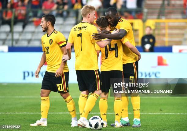 Belgium's forward Romelu Lukaku celebrates with teammates after scoring a goal after scoring a goal during the international friendly football match...