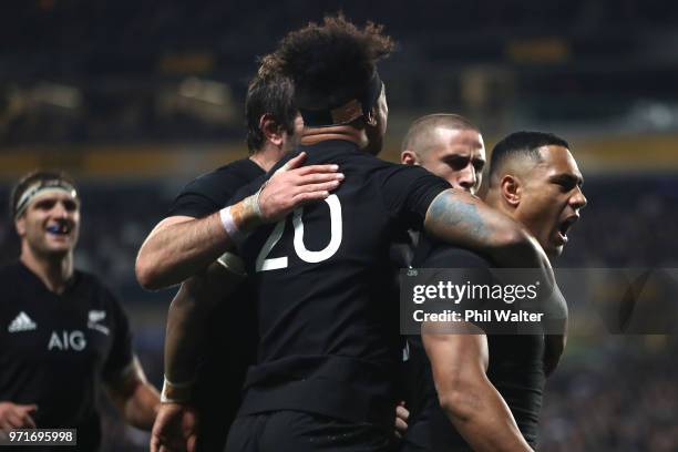 Ngani Laumape of the All Blacks celebrates his try during the International Test match between the New Zealand All Blacks and France at Eden Park on...