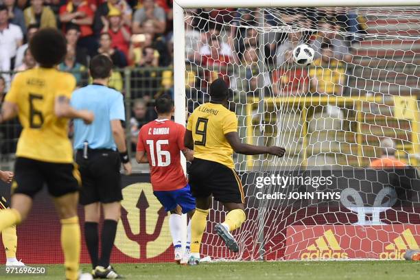 Belgium's forward Romelu Lukaku socres a goal during the international friendly football match between Belgium and Costa Rica at the King Baudouin...