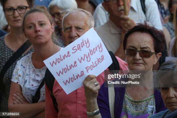 People holding flag of Poland and European Union and banners that speak - 'Free Courts, Free elections, Free Poland' are seen in Gdansk, Poland on 11...