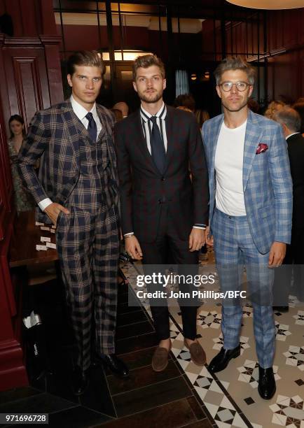 Toby Huntington Whitley, Jim Chapman and Darren Kennedy attend the GQ Dinner co-hosted by Loyle Carner during London Fashion Week Men's June 2018 at...