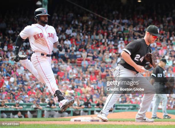 Boston Red Sox player Jackie Bradley Jr. Grounds out to second base as Chicago White Sox first baseman Matt Davidson makes the catch during the...