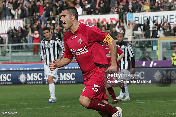 Cristiano Lucarelli of AS Livorno Calcio celebrates a goal during the Serie A match between Livorno and Siena at Stadio Armando Picchi on February...