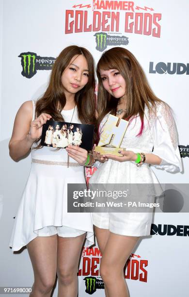 Lovebites in the press room with their Best New Band award at the Metal Hammer Golden Gods Awards 2018 held at indigo at The O2 in London.