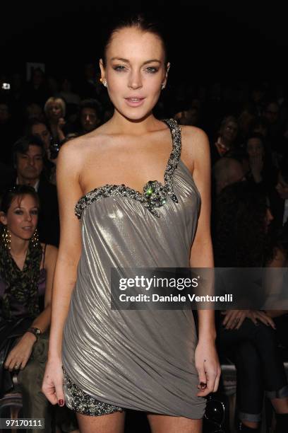 Lindsay Lohan attend Roberto Cavalli Milan Fashion Week Autumn/Winter 2010 show on February 28, 2010 in Milan, Italy.