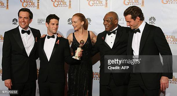 Actors Ed Helms, Justin Bartha, actress Heather Graham, boxer Mike Tyson and Bradley Cooper pose with their trophy for Best Motion Picture-Comedy or...