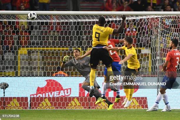 Belgium's forward Romelu Lukaku shoots and scores a goal during the international friendly football match between Belgium and Costa Rica at the King...