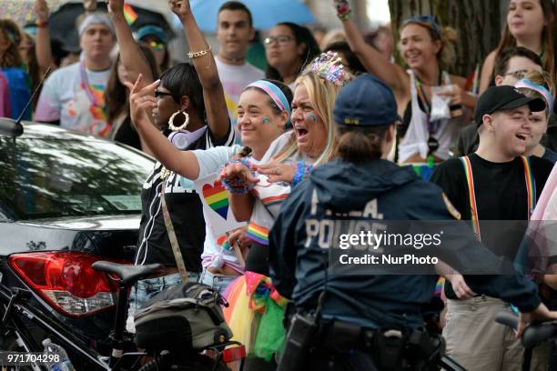 Large group of people gathers to counter protest Aden Rusfeldt, and his following, near the end of the Pride Parade route, in Philadelphia, PA, on...