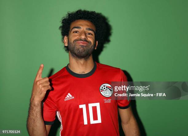 Mohamed Salah of Egypt poses during the official FIFA World Cup 2018 portrait session at The Local hotel on June 11, 2018 in Grozny, Russia.