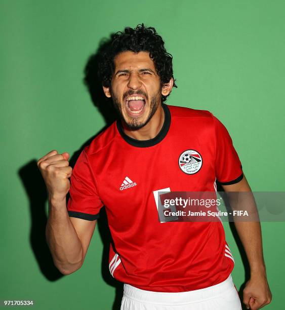 Ahmed Hegazy of Egypt poses during the official FIFA World Cup 2018 portrait session at The Local hotel on June 11, 2018 in Grozny, Russia.