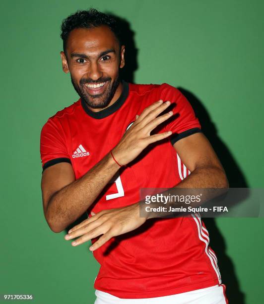 Ahmed Elmohamady of Egypt poses during the official FIFA World Cup 2018 portrait session at The Local hotel on June 11, 2018 in Grozny, Russia.