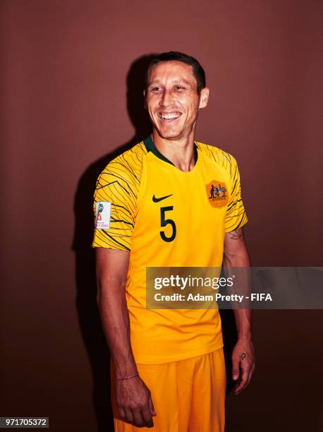 Mark Milligan of Australia poses for a portrait during the official FIFA World Cup 2018 portrait session at Trudovyne Rezeny on June 11, 2018 in...