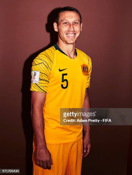 Mark Milligan of Australia poses for a portrait during the official FIFA World Cup 2018 portrait session at Trudovyne Rezeny on June 11, 2018 in...