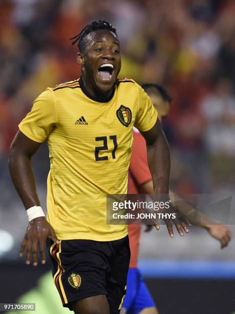 Belgium's forward Michy Batshuayi celebrates after scoring a goal during the international friendly football match between Belgium and Costa Rica at...