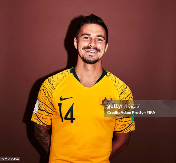 Jamie MacLaren of Australia poses for a portrait during the official FIFA World Cup 2018 portrait session at Trudovyne Rezeny on June 11, 2018 in...