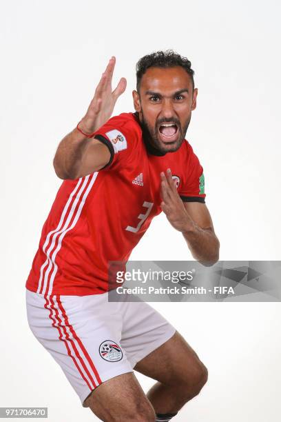 Ahmed Elmohamady of Egypt poses for a portrait during the official FIFA World Cup 2018 portrait session at The Local Hotel on June 11, 2018 in...