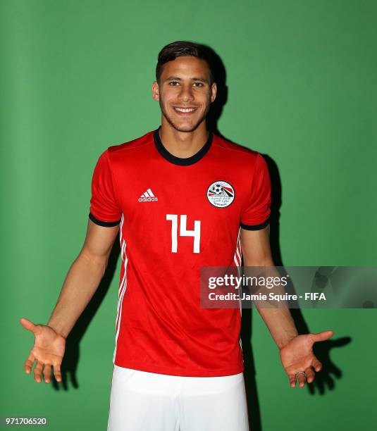 Ramadan Sobhi of Egypt poses during the official FIFA World Cup 2018 portrait session at The Local hotel on June 11, 2018 in Grozny, Russia.
