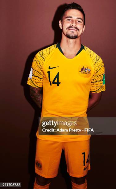 Jamie MacLaren of Australia poses for a portrait during the official FIFA World Cup 2018 portrait session at Trudovyne Rezeny on June 11, 2018 in...