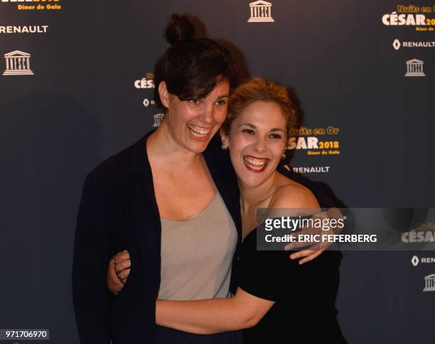 French actress Alysson Paradis and German film director Sophie Linnenbaum pose during a photocall for the 8th Diner Gala 'Les Nuits en Or 2018'...