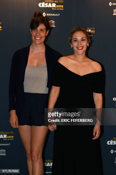 French actress Alysson Paradis and German film director Sophie Linnenbaum pose during a photocall for the 8th Diner Gala 'Les Nuits en Or 2018'...