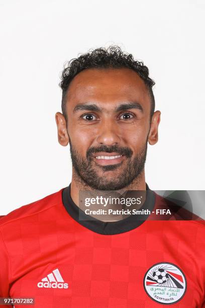 Ahmed Elmohamady of Egypt poses for a portrait during the official FIFA World Cup 2018 portrait session at The Local Hotel on June 11, 2018 in...