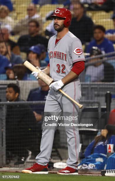 Matt Harvey of the Cincinnati Reds stands on-deck in the first inning during the MLB game against the Los Angeles Dodgers at Dodger Stadium on May...