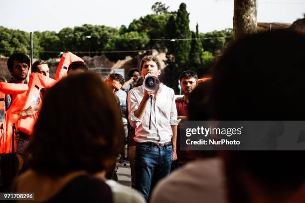 Riccardo Magi, Radicali Italiani National Secretary, attends a rally in Rome, Italy, on June 11, 2018 against Italian government decision to block...