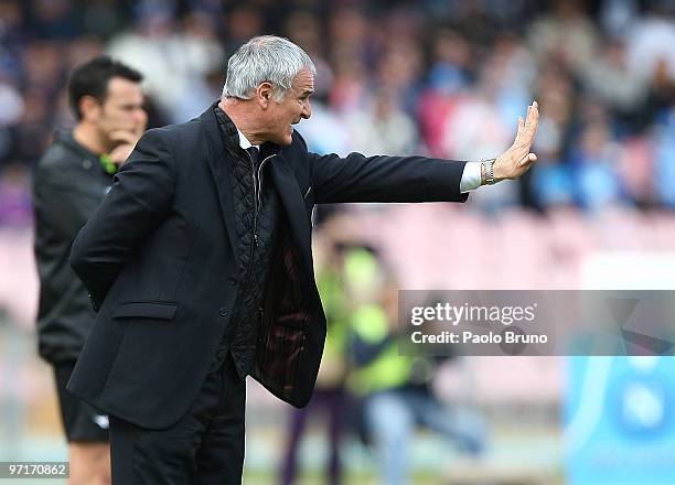 Claudio Ranieri the coach of AS Roma gestures during the Serie A match between Napoli and Roma at Stadio San Paolo on February 28, 2010 in Naples,...