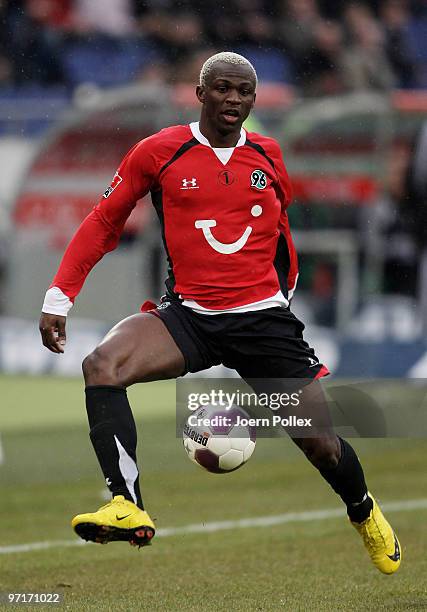 Arouna Kone of Hannover plays the ball during the Bundesliga match between Hannover 96 and VfL Wolfsburgat AWD-Arena on February 28, 2010 in Hanover,...