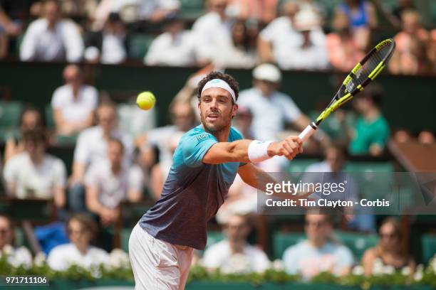 June 8. French Open Tennis Tournament - Day Thirteen. Marco Cecchinato of Italy in action against Dominic Theim of Austria on Court Philippe-Chatrier...