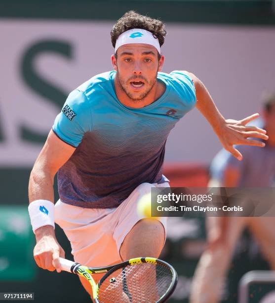 June 8. French Open Tennis Tournament - Day Thirteen. Marco Cecchinato of Italy in action against Dominic Theim of Austria on Court Philippe-Chatrier...