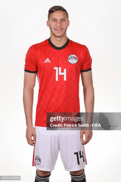 Ramadan Sobhi of Egypt poses for a portrait during the official FIFA World Cup 2018 portrait session at The Local Hotel on June 11, 2018 in Gronzy,...