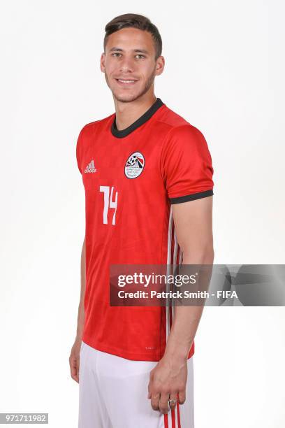 Ramadan Sobhi of Egypt poses for a portrait during the official FIFA World Cup 2018 portrait session at The Local Hotel on June 11, 2018 in Gronzy,...