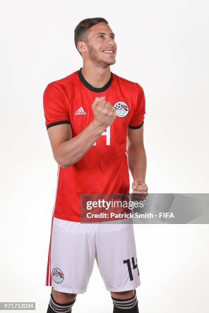 Ramadan Sobhi of Egypt poses for a portrait during the official FIFA World Cup 2018 portrait session at The Local Hotel on June 11, 2018 in Gronzy,...