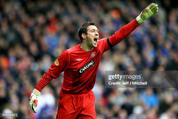 Allan McGregor of Rangers reacts during the Scottish Premier League match between Rangers and Celtic at Ibrox stadium on February 28, 2010 in...