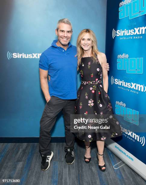 Holly Hunter visits Radio Andy with Andy Cohen at the SiriusXM Studios on June 11, 2018 in New York City.
