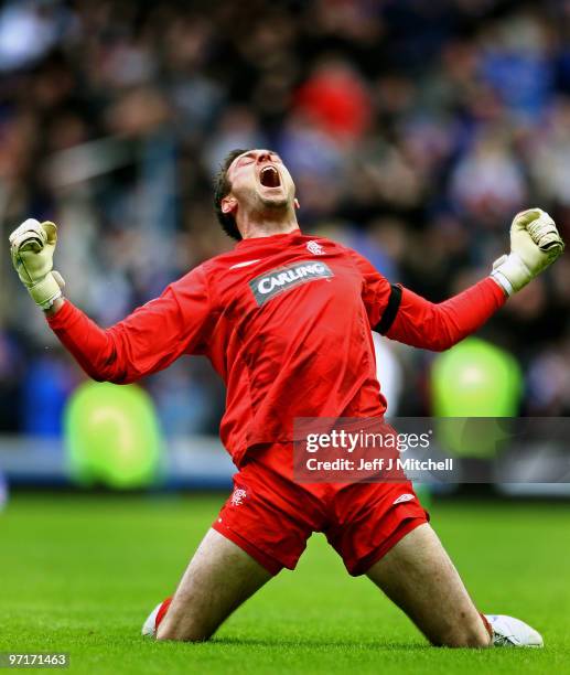 Allan McGregor of Rangers celebrates after Maurice Edu scored during the Scottish Premier League match between Rangers and Celtic at Ibrox stadium on...