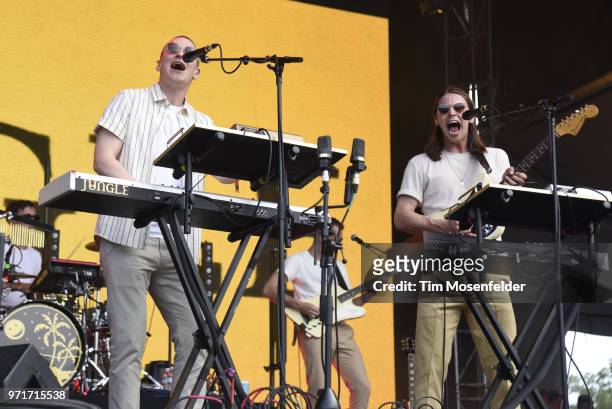 Joshua James Lloyd-Watson and Tom McFarland of Jungle perform during the 2018 Bonnaroo Music & Arts Festival on June 10, 2018 in Manchester,...